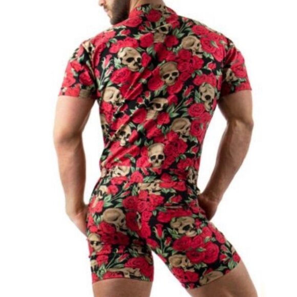 Glimms New York Mens Size Large Roses with Skulls Floral Romper Button Zip Goth - Picture 9 of 11